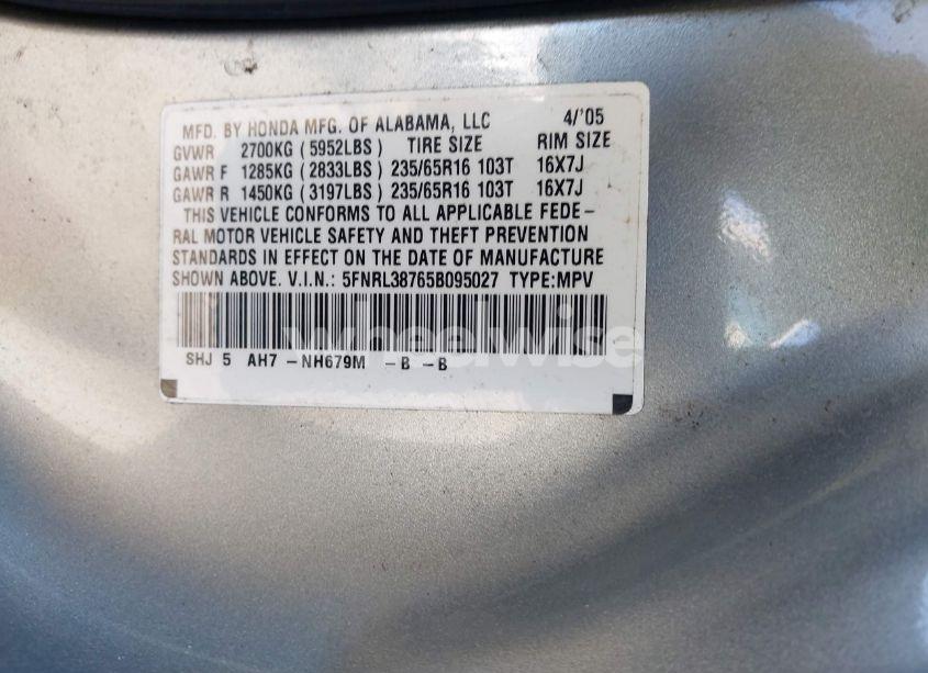 Photo 9 of 2005 Honda Odyssey EX-L (VIN 5FNRL38765B095027)