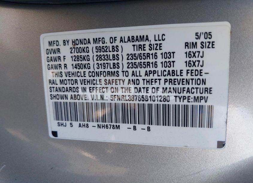 Photo 9 of 2005 Honda Odyssey EX-L (VIN 5FNRL38765B101280)