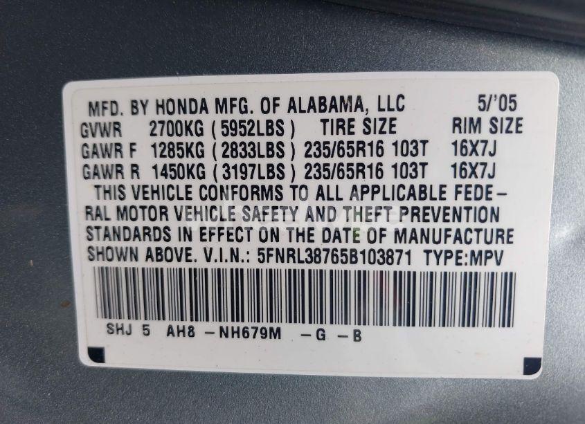 Photo 9 of 2005 Honda Odyssey EX-L (VIN 5FNRL38765B103871)