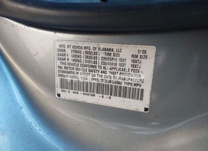 Photo 9 of 2005 Honda Odyssey EX-L (VIN 5FNRL38765B128382)