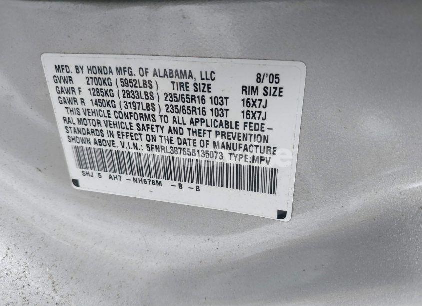 Photo 9 of 2005 Honda Odyssey EX-L (VIN 5FNRL38765B135073)