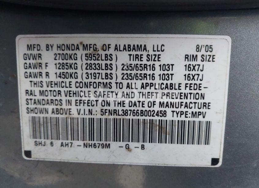 Photo 9 of 2006 Honda Odyssey EX-L (VIN 5FNRL38766B002458)