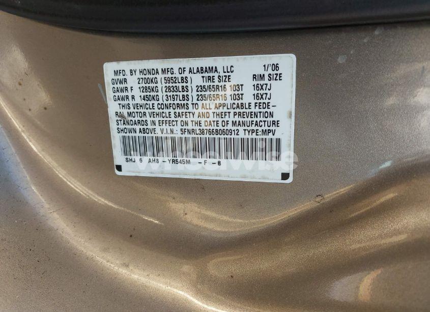 Photo 9 of 2006 Honda Odyssey EX-L (VIN 5FNRL38766B060912)