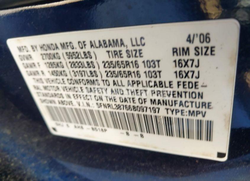 Photo 9 of 2006 Honda Odyssey EX-L (VIN 5FNRL38766B097197)