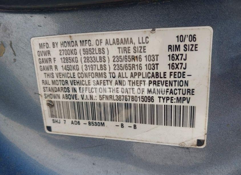 Photo 9 of 2007 Honda Odyssey EX-L (VIN 5FNRL38767B015096)