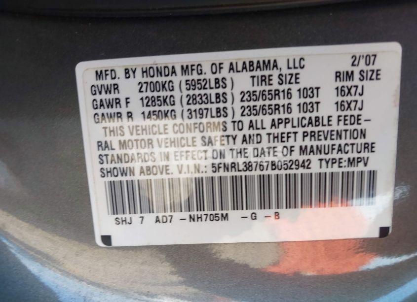 Photo 9 of 2007 Honda Odyssey EX-L (VIN 5FNRL38767B052942)