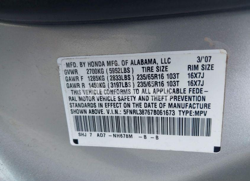 Photo 9 of 2007 Honda Odyssey EX-L (VIN 5FNRL38767B061673)