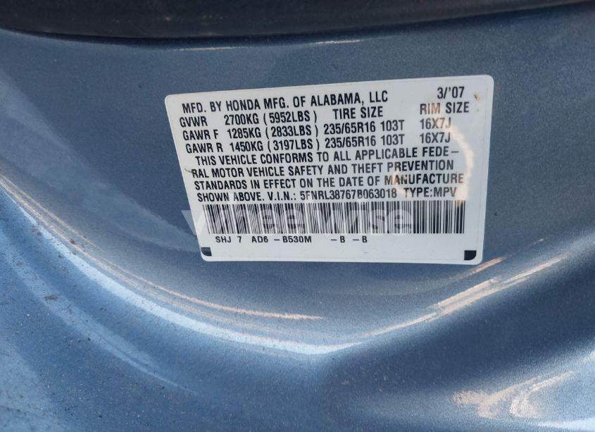 Photo 9 of 2007 Honda Odyssey EX-L (VIN 5FNRL38767B063018)