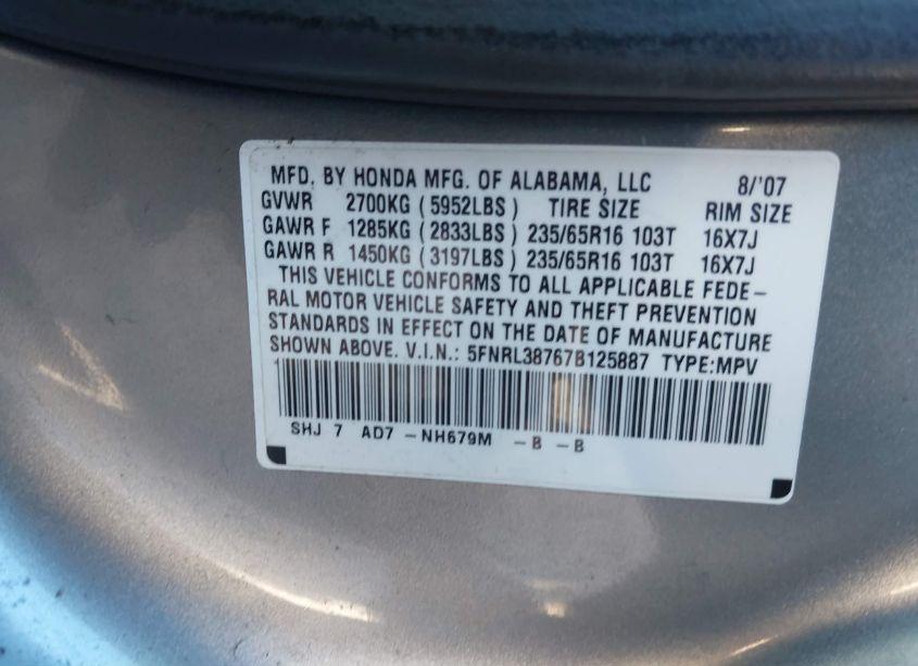 Photo 9 of 2007 Honda Odyssey EX-L (VIN 5FNRL38767B125887)