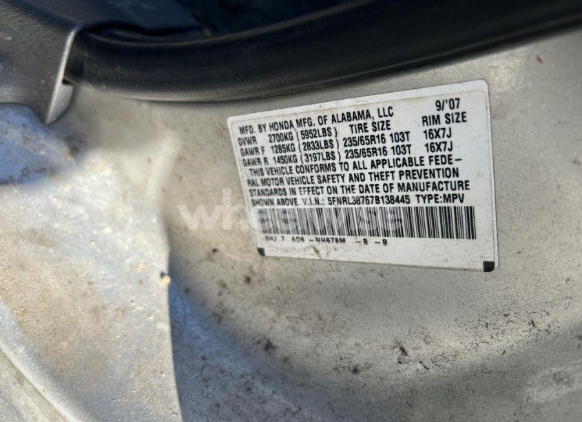 Photo 9 of 2007 Honda Odyssey (VIN 5FNRL38767B138445)