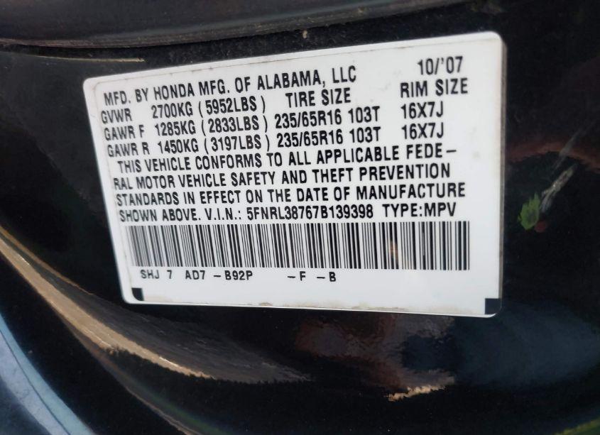 Photo 9 of 2007 Honda Odyssey EX-L (VIN 5FNRL38767B139398)