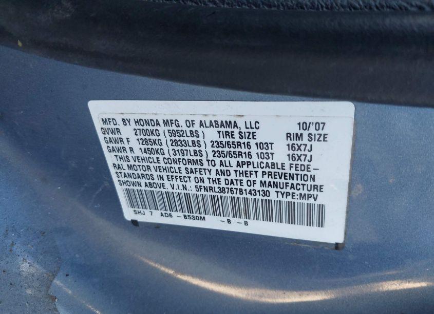 Photo 9 of 2007 Honda Odyssey EX-L (VIN 5FNRL38767B143130)