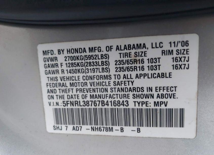Photo 9 of 2007 Honda Odyssey EX-L (VIN 5FNRL38767B416843)