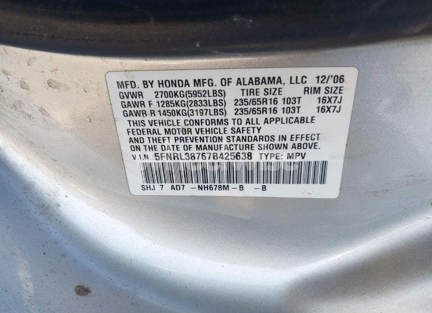 Photo 9 of 2007 Honda Odyssey EX-L (VIN 5FNRL38767B425638)