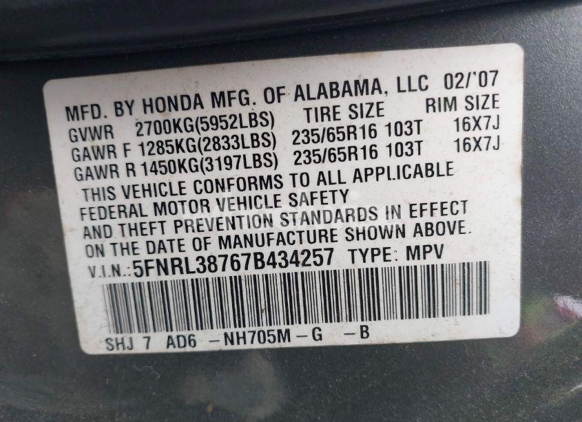 Photo 9 of 2007 Honda Odyssey EX-L (VIN 5FNRL38767B434257)