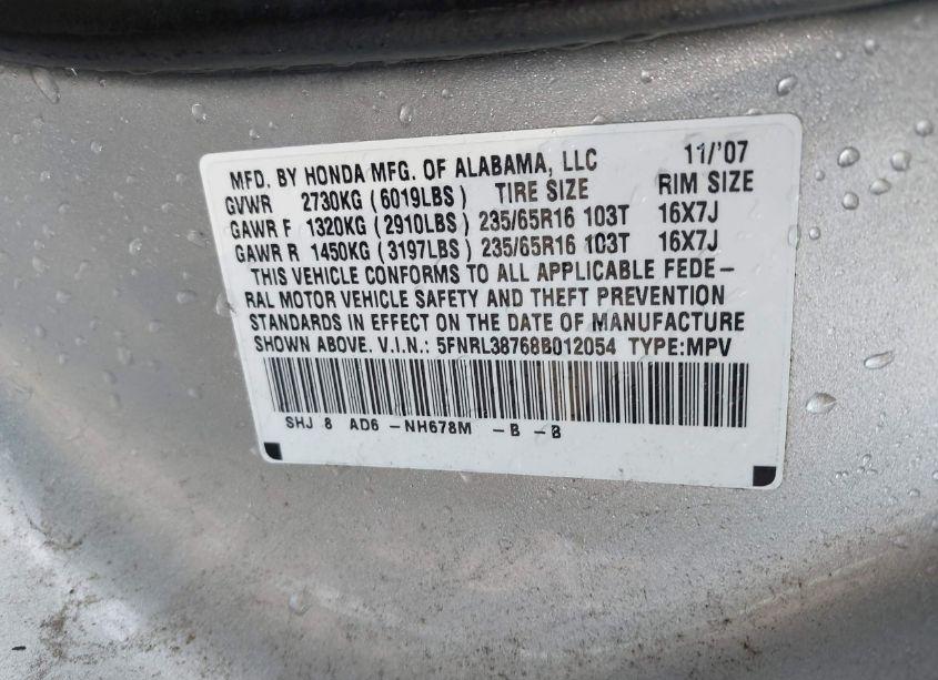 Photo 9 of 2008 Honda Odyssey EX-L (VIN 5FNRL38768B012054)