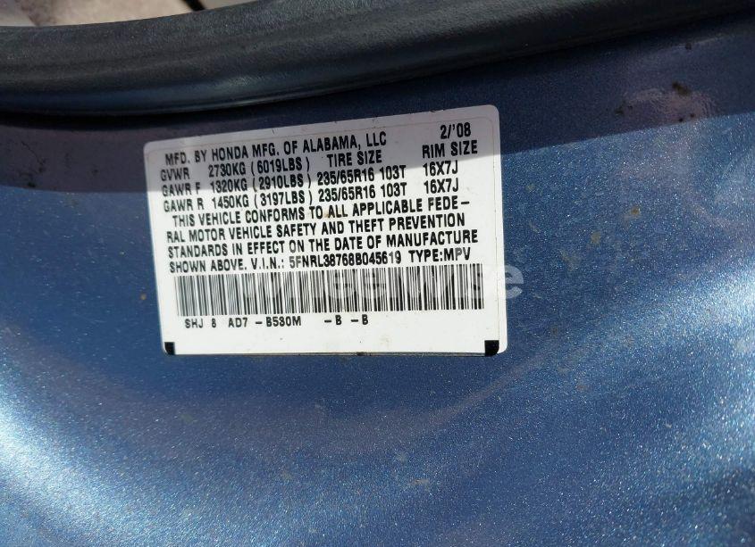 Photo 9 of 2008 Honda Odyssey EX-L (VIN 5FNRL38768B045619)