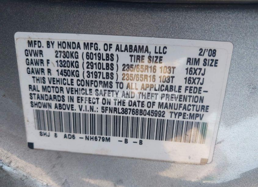 Photo 9 of 2008 Honda Odyssey EX-L (VIN 5FNRL38768B045992)