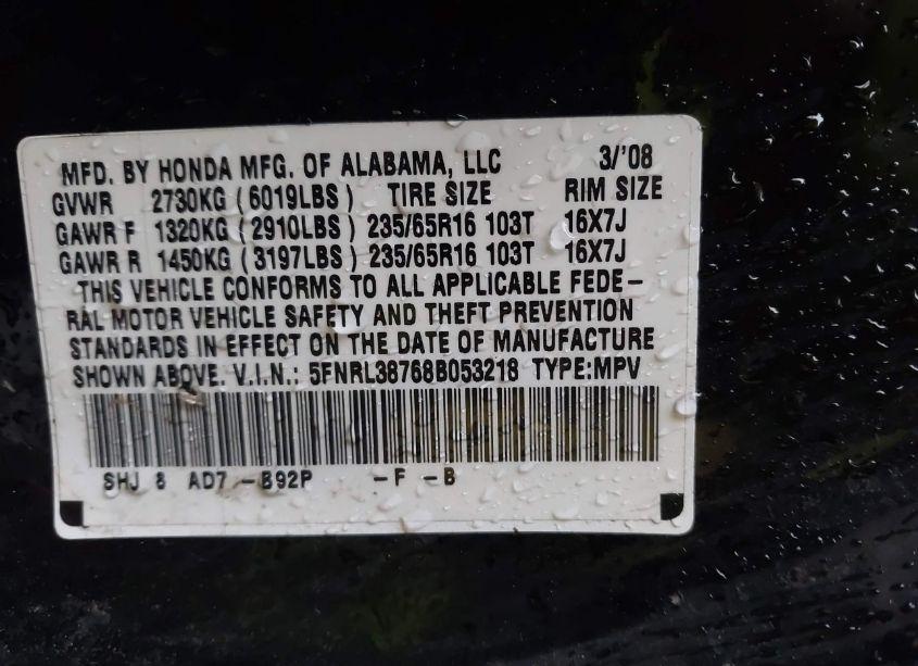 Photo 9 of 2008 Honda Odyssey EX-L (VIN 5FNRL38768B053218)