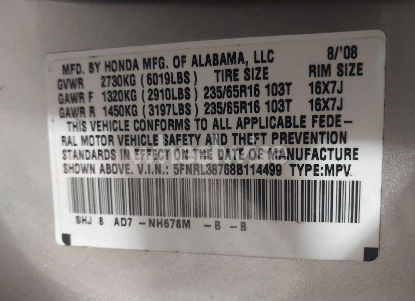 Photo 9 of 2008 Honda Odyssey EX-L (VIN 5FNRL38768B114499)