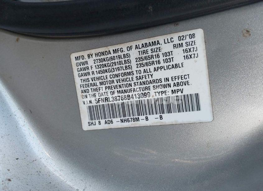 Photo 9 of 2008 Honda Odyssey EX-L (VIN 5FNRL38768B413099)