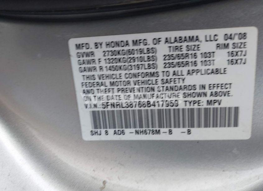 Photo 9 of 2008 Honda Odyssey EX-L (VIN 5FNRL38768B417959)