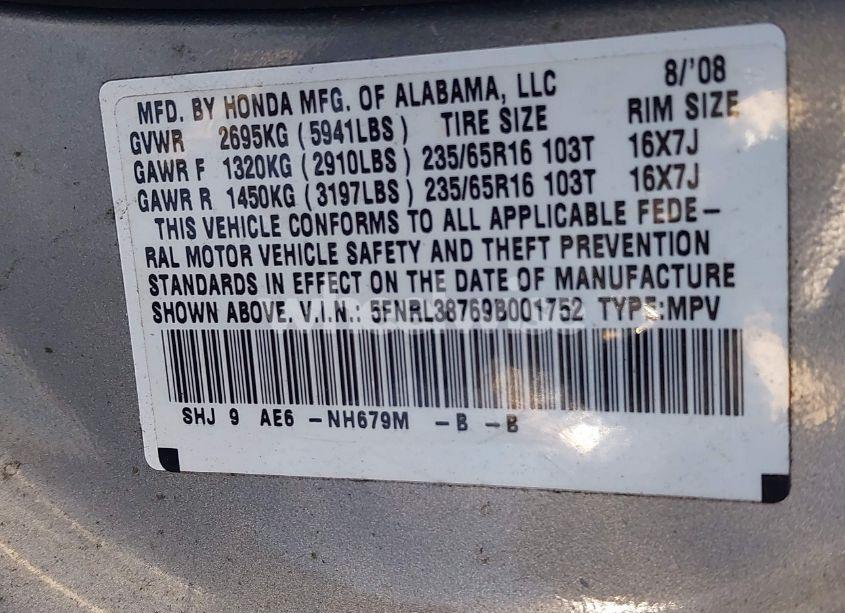 Photo 9 of 2009 Honda Odyssey EX-L (VIN 5FNRL38769B001752)