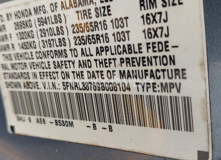 Photo 9 of 2009 Honda Odyssey EX-L (VIN 5FNRL38769B008104)