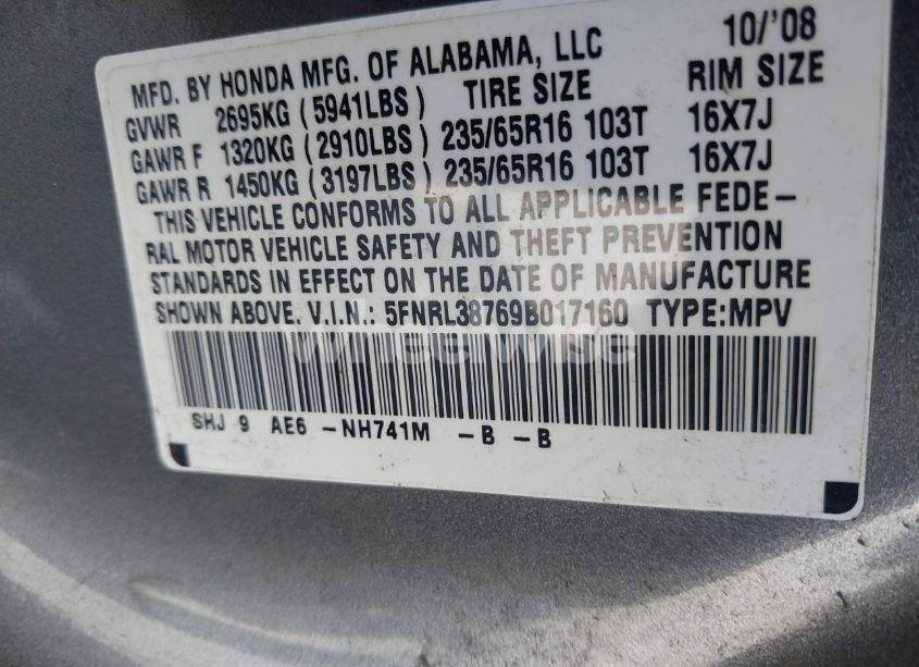 Photo 9 of 2009 Honda Odyssey EX-L (VIN 5FNRL38769B017160)