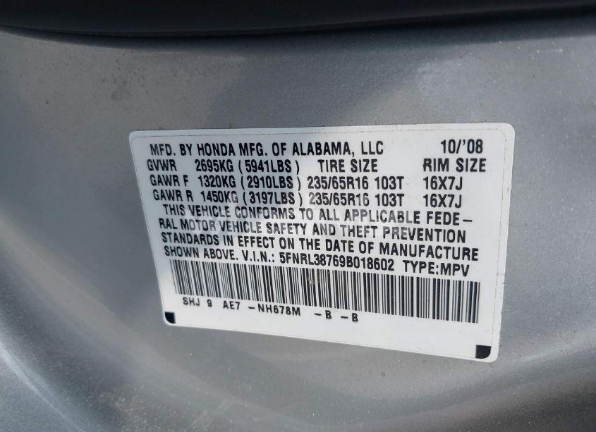 Photo 9 of 2009 Honda Odyssey EX-L (VIN 5FNRL38769B018602)