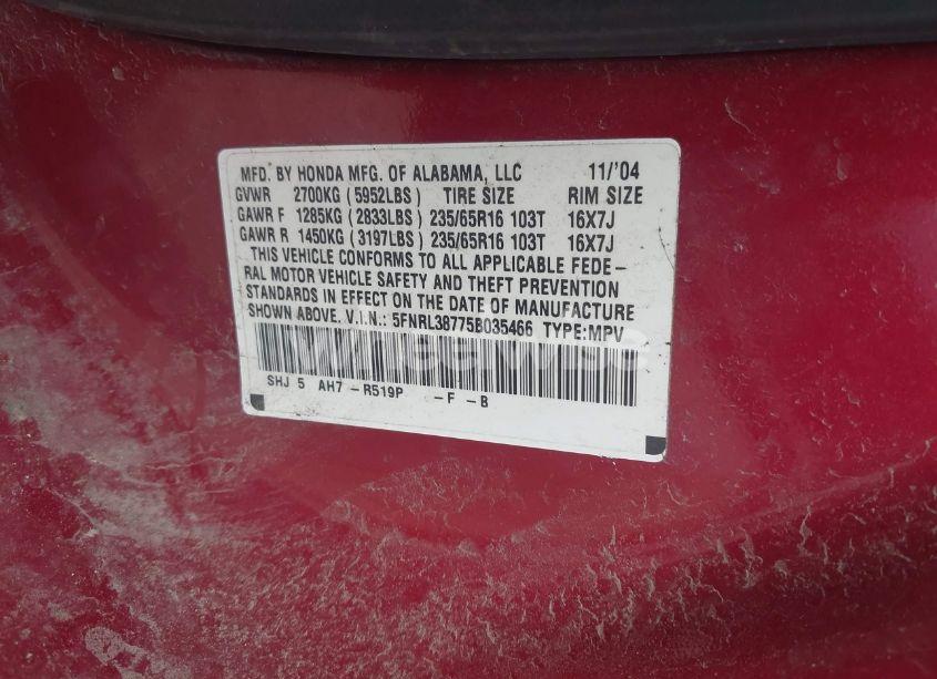 Photo 9 of 2005 Honda Odyssey EX-L (VIN 5FNRL38775B035466)