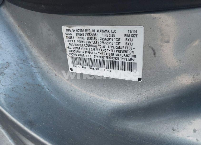 Photo 9 of 2005 Honda Odyssey EX-L (VIN 5FNRL38775B035905)