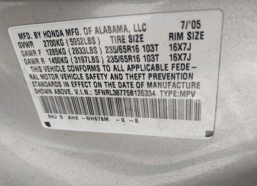 Photo 9 of 2005 Honda Odyssey EX-L (VIN 5FNRL38775B126334)
