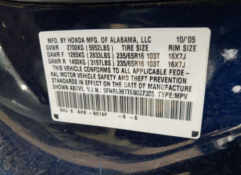 Photo 9 of 2006 Honda Odyssey EX-L (VIN 5FNRL38776B027305)