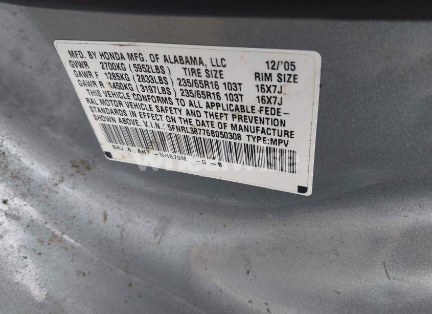 Photo 9 of 2006 Honda Odyssey EX-L (VIN 5FNRL38776B050308)