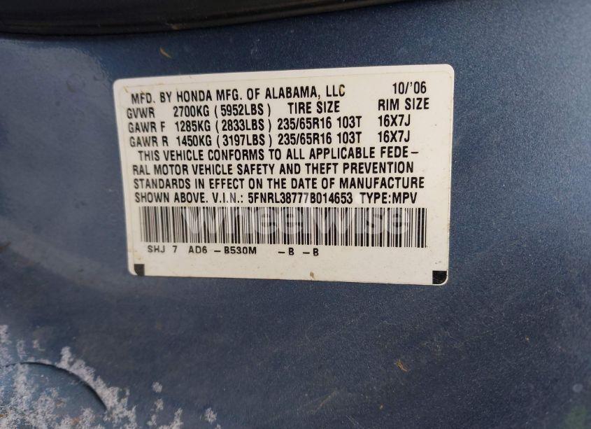 Photo 9 of 2007 Honda Odyssey EX-L (VIN 5FNRL38777B014653)