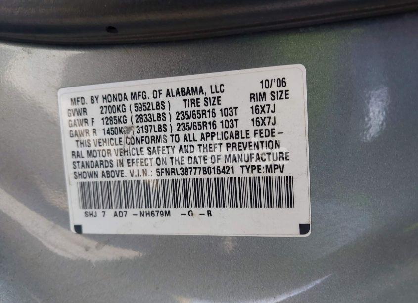 Photo 9 of 2007 Honda Odyssey EX-L (VIN 5FNRL38777B016421)