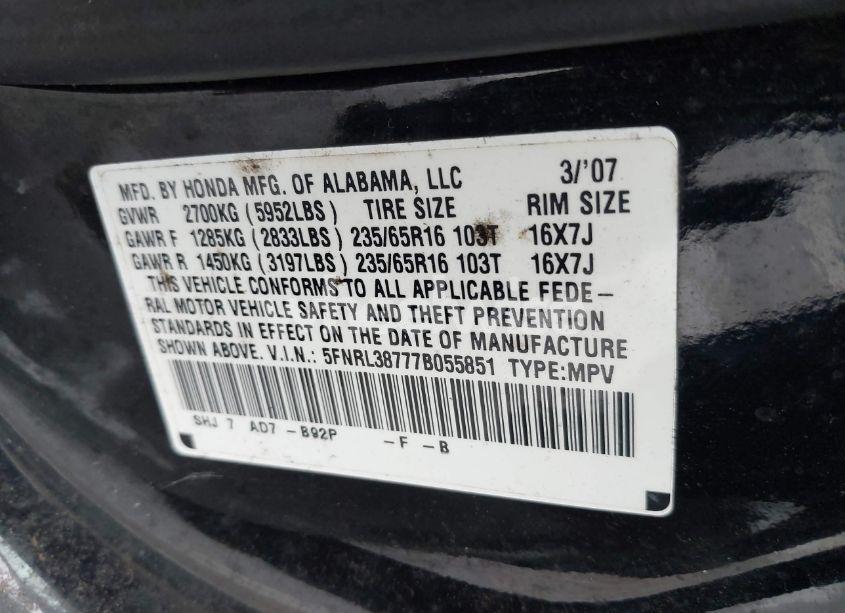 Photo 9 of 2007 Honda Odyssey EXL (VIN 5FNRL38777B055851)