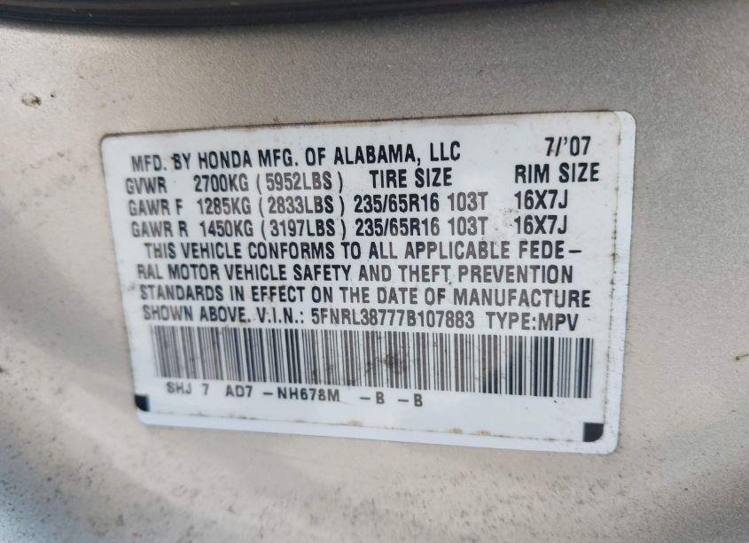 Photo 9 of 2007 Honda Odyssey EX-L (VIN 5FNRL38777B107883)