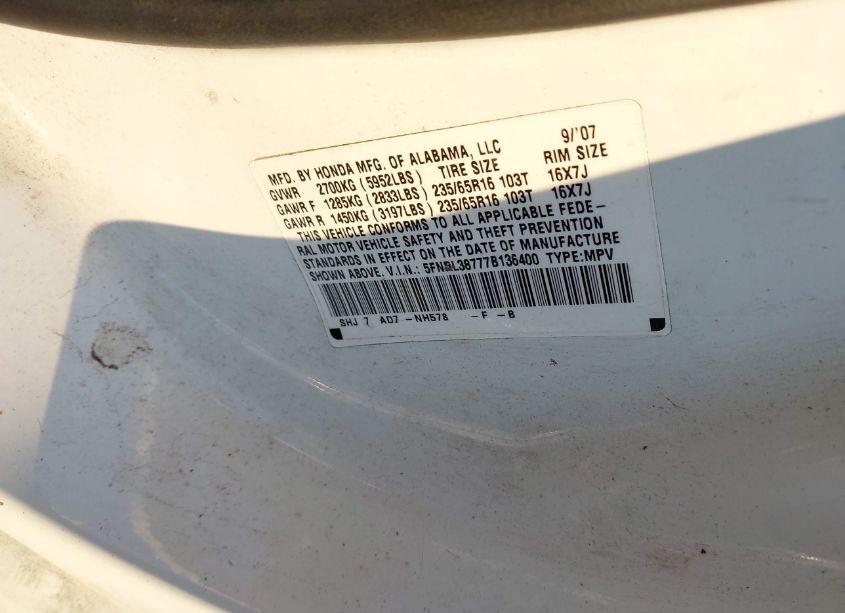 Photo 9 of 2007 Honda Odyssey EX-L (VIN 5FNRL38777B136400)