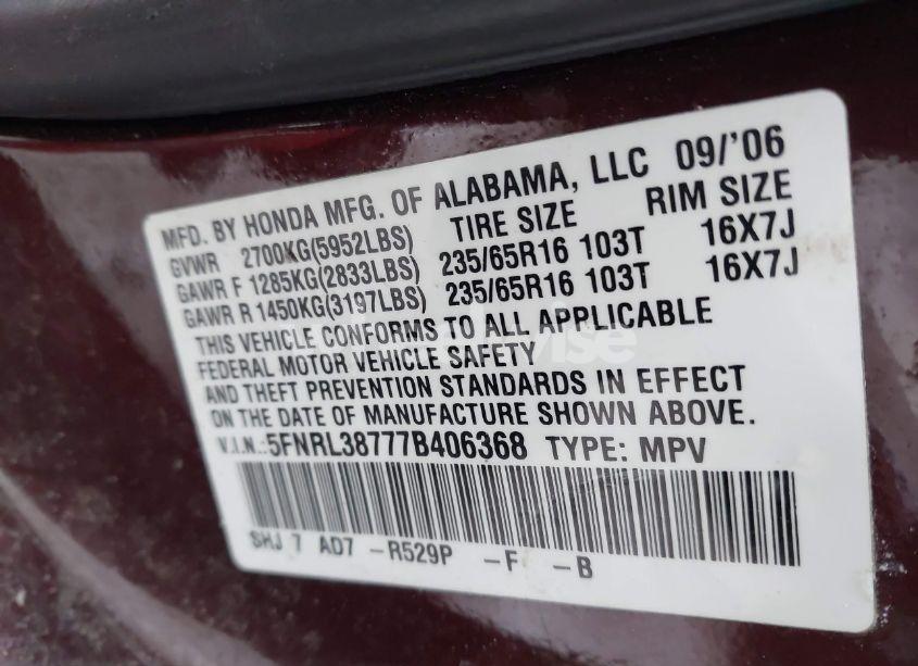 Photo 9 of 2007 Honda Odyssey EX-L (VIN 5FNRL38777B406368)