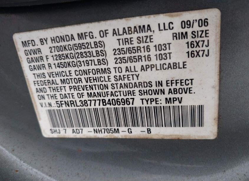 Photo 9 of 2007 Honda Odyssey EX-L (VIN 5FNRL38777B406967)