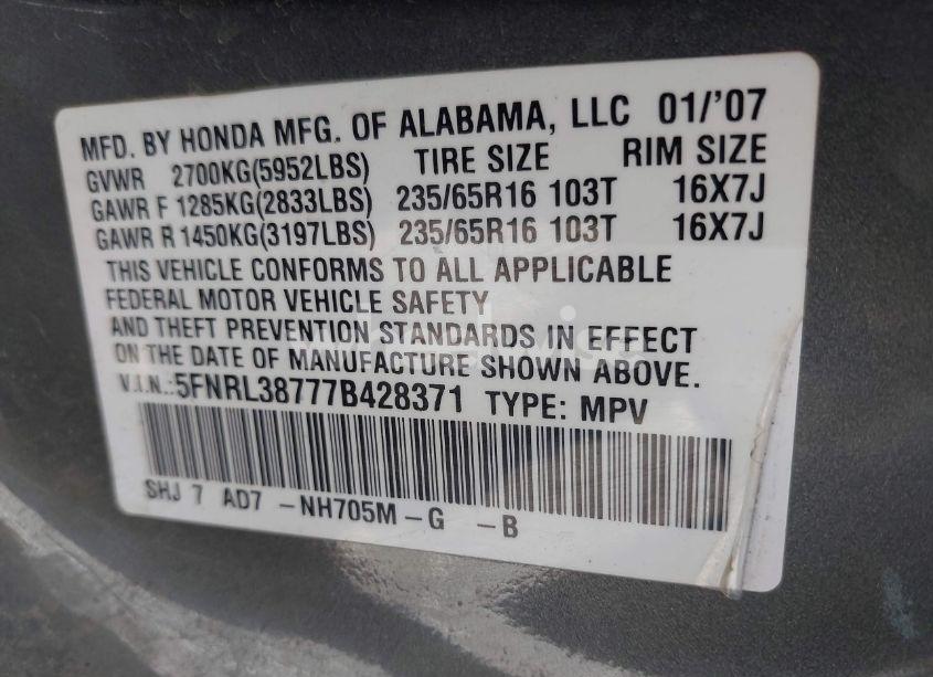 Photo 9 of 2007 Honda Odyssey EX-L (VIN 5FNRL38777B428371)