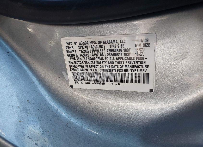 Photo 9 of 2008 Honda Odyssey EX-L (VIN 5FNRL38778B026108)