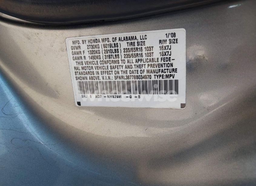 Photo 9 of 2008 Honda Odyssey EX-L (VIN 5FNRL38778B034970)