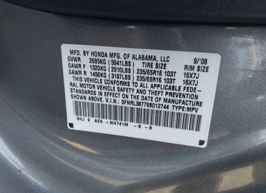 Photo 9 of 2009 Honda Odyssey EX-L (VIN 5FNRL38779B012744)