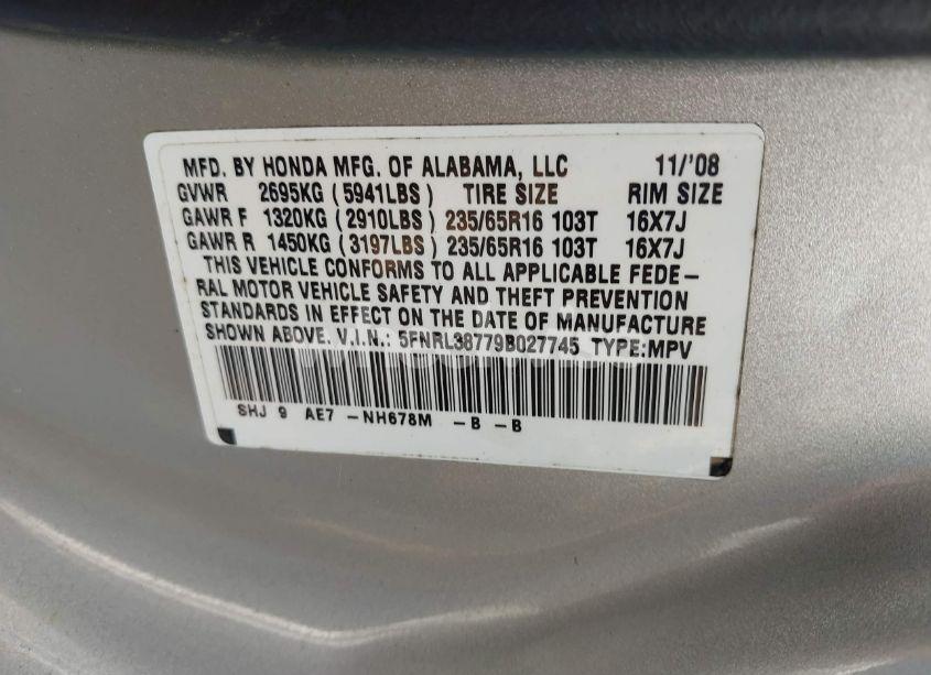 Photo 9 of 2009 Honda Odyssey EX-L (VIN 5FNRL38779B027745)