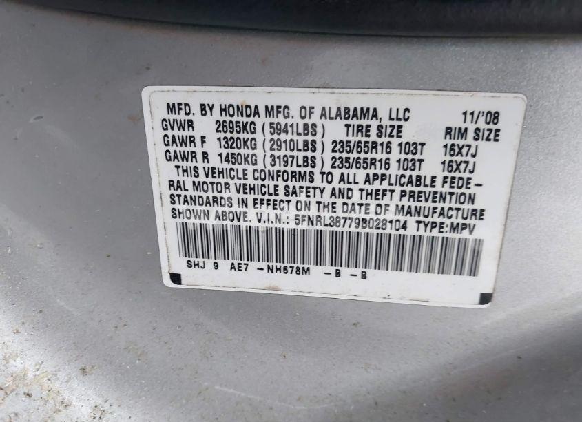 Photo 9 of 2009 Honda Odyssey EX-L (VIN 5FNRL38779B028104)