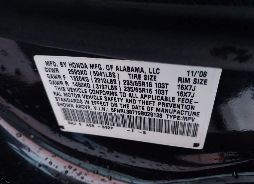 Photo 9 of 2009 Honda Odyssey EX-L (VIN 5FNRL38779B029138)