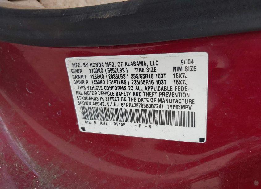 Photo 9 of 2005 Honda Odyssey EX-L (VIN 5FNRL38785B007241)